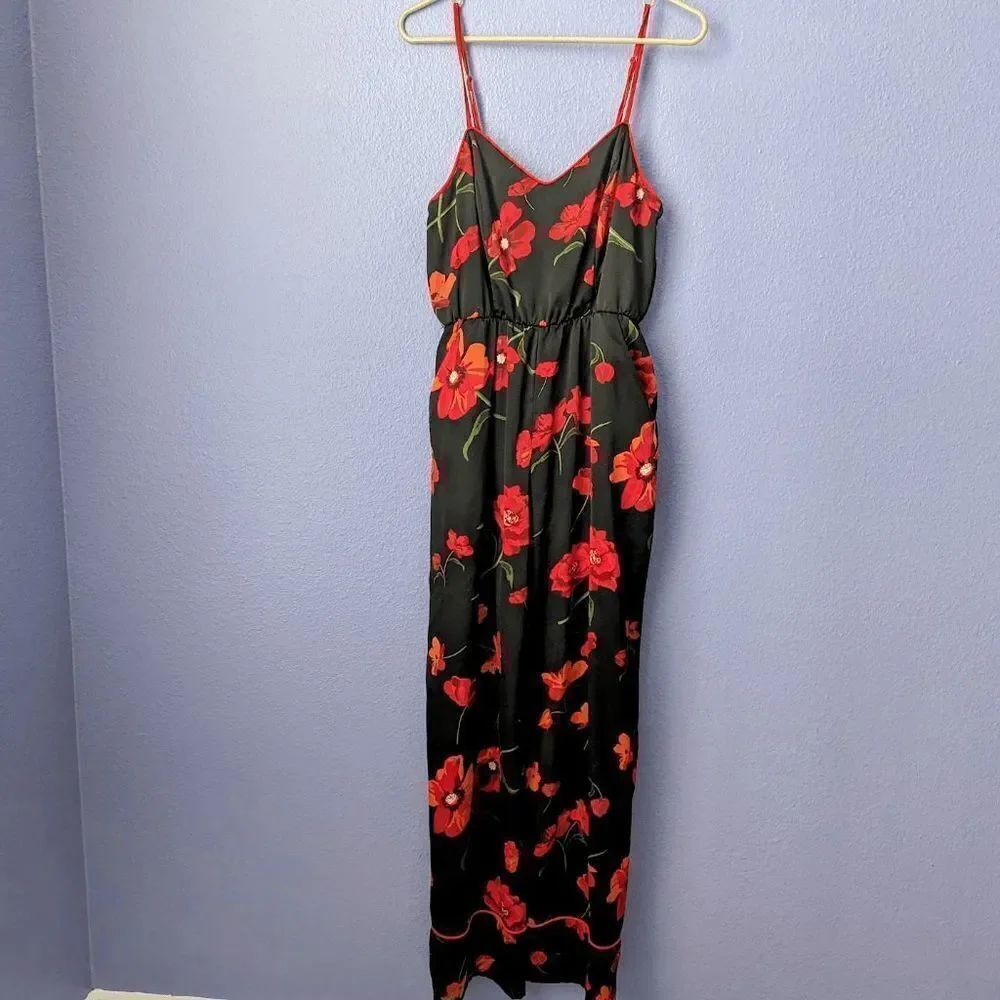 Women's Love & Piece Collective Jumpsuit Black Red Floral Print Medium Pockets